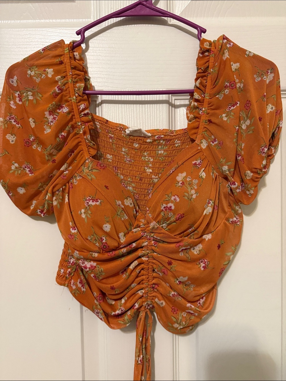 Floral Ruched Tie-Front Crop Top - Orange